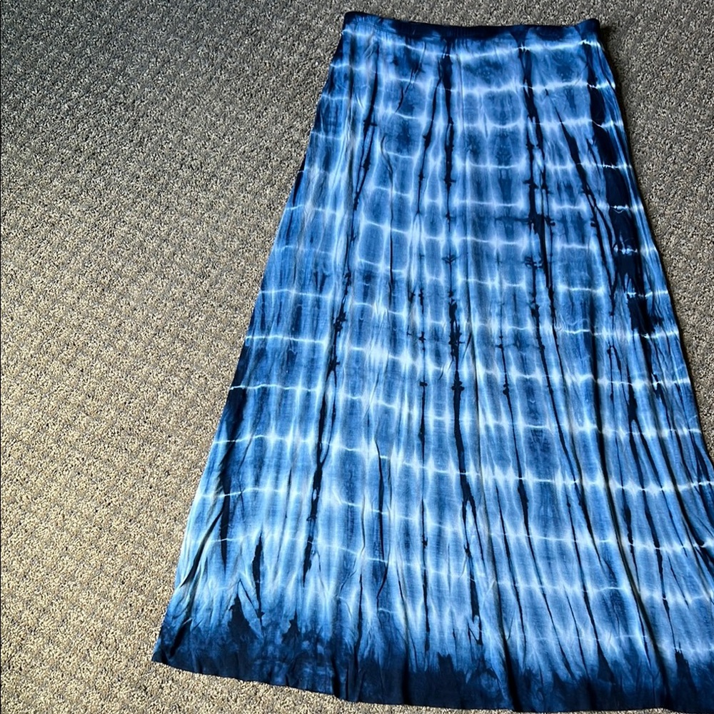 Tryst Blue & White tie-dyed Maxi A-Line Skirt ~ pull-on ~ Large